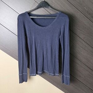 Vanity Women's Ribbed Long Sleeve Knit Top Metallic Stitch Hem Blue Large